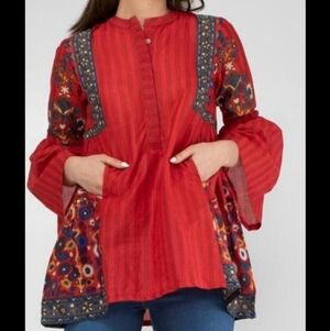 khaadi Printed Peplum Top Bell Sleeve Boho Ethnic Cotton Voile Blouse sz 14/L